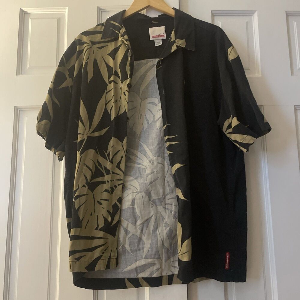 Vintage 90s/Y2K Quiksilver Hawaiian‎ Shirt L Black Gold Monstera Palm Resort
